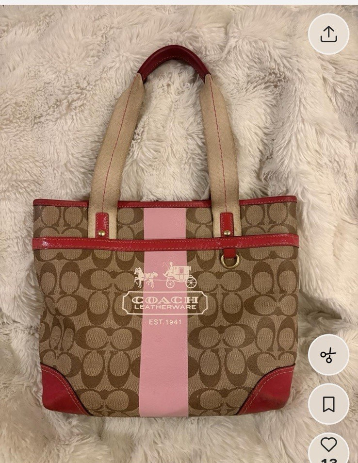 Authentic Coach 11349 Heritage Signature Stripe Tote Khaki Pink Shoulder Bag