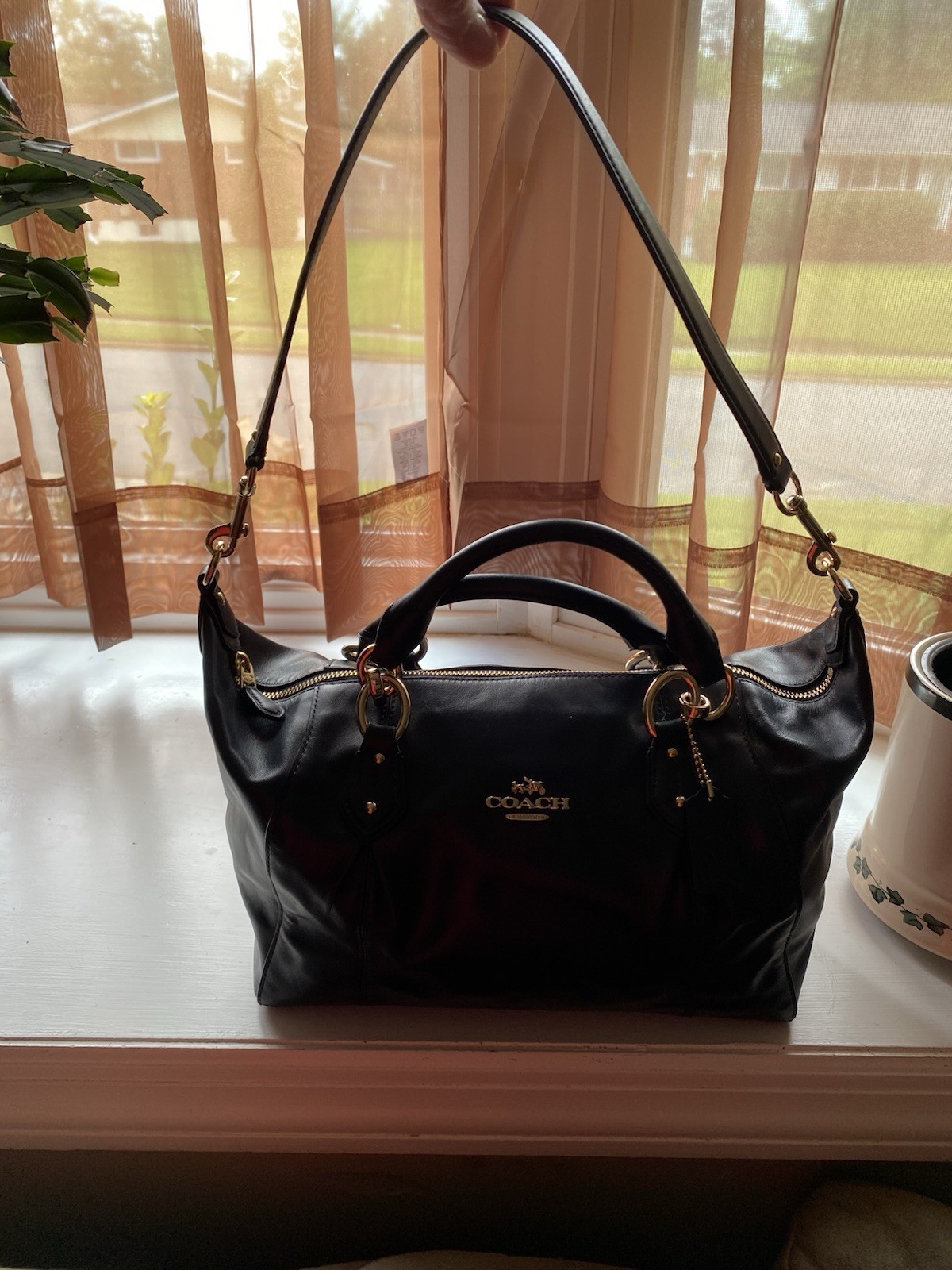 Coach Large Navy Satchel Top Handle Zip Closure Detachable Strap Gold Hardware