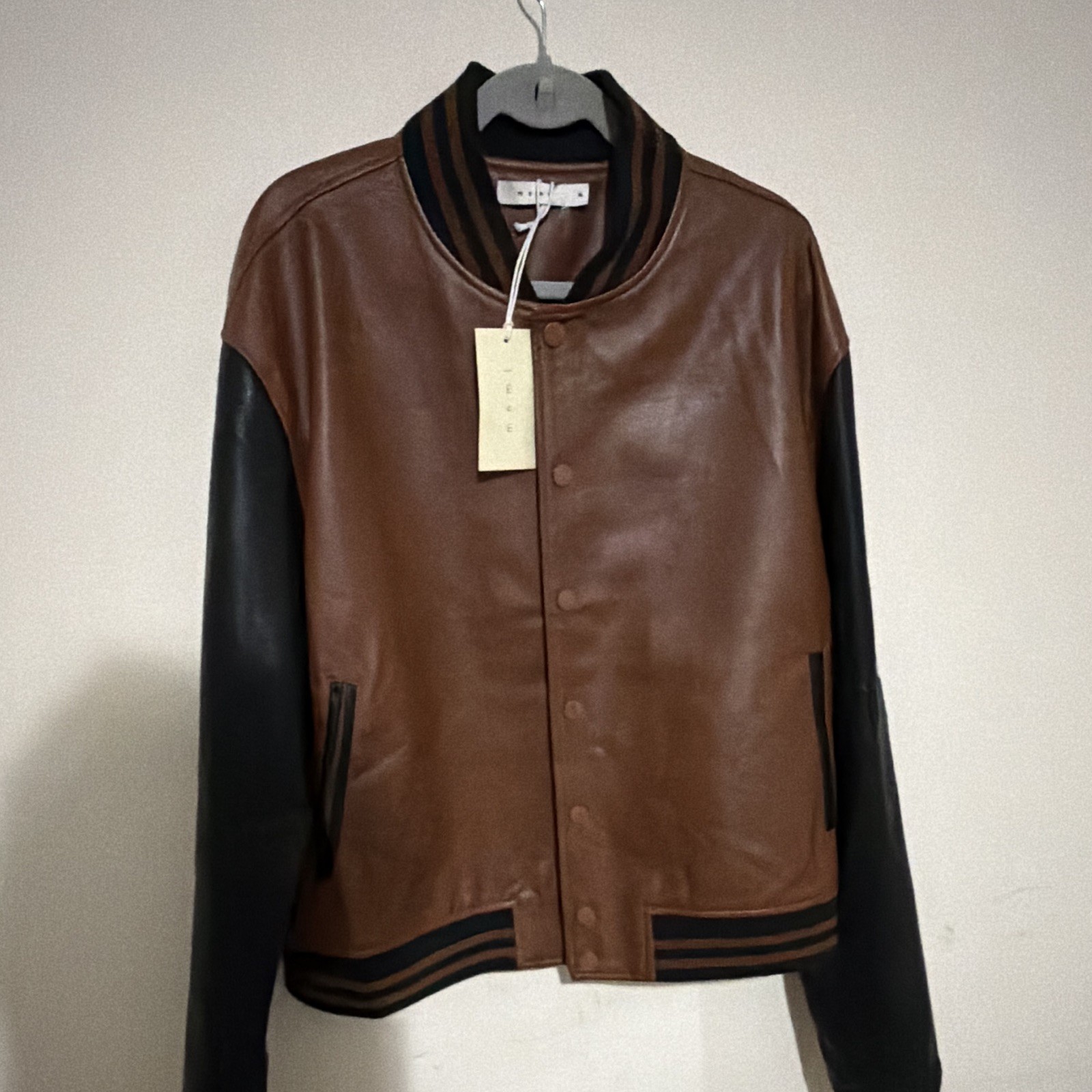mnm Men’s Varsity Jacket Brown/Black Snap-Button Front Logo Striped XL