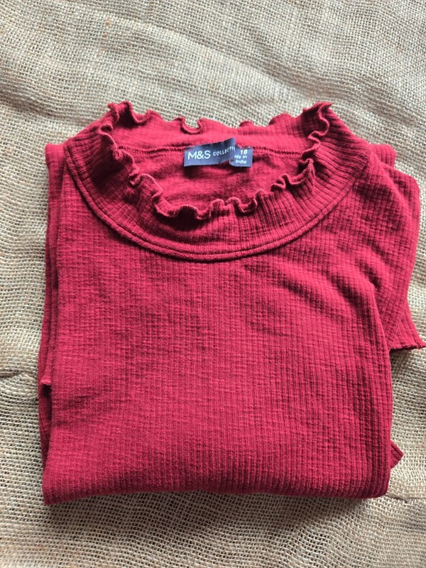 M&S Collection Deep Red Long Sleeve Top Lettuce Edge Mock Neck – Cottagecore 18