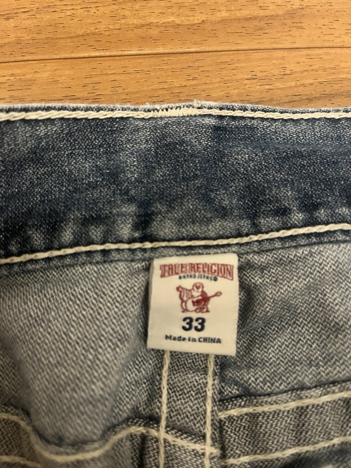 True Religion Jeans Mens Size 33 Blue Straight Leg Flap Pockets Distressed Denim