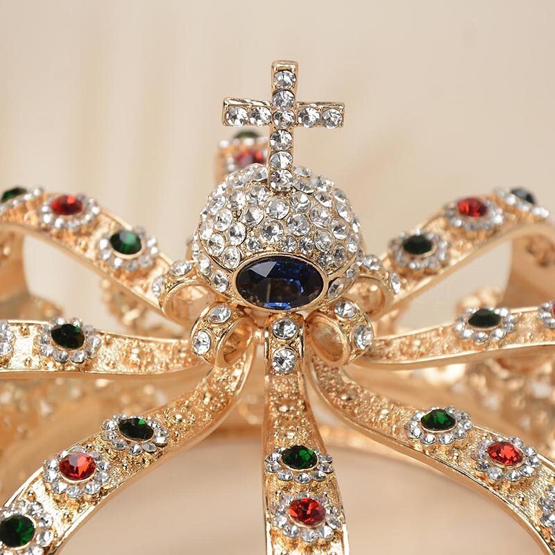 13cm Tall Large Men’s Cross Gold Crown Drama Imperial Medieval King Metal Crown