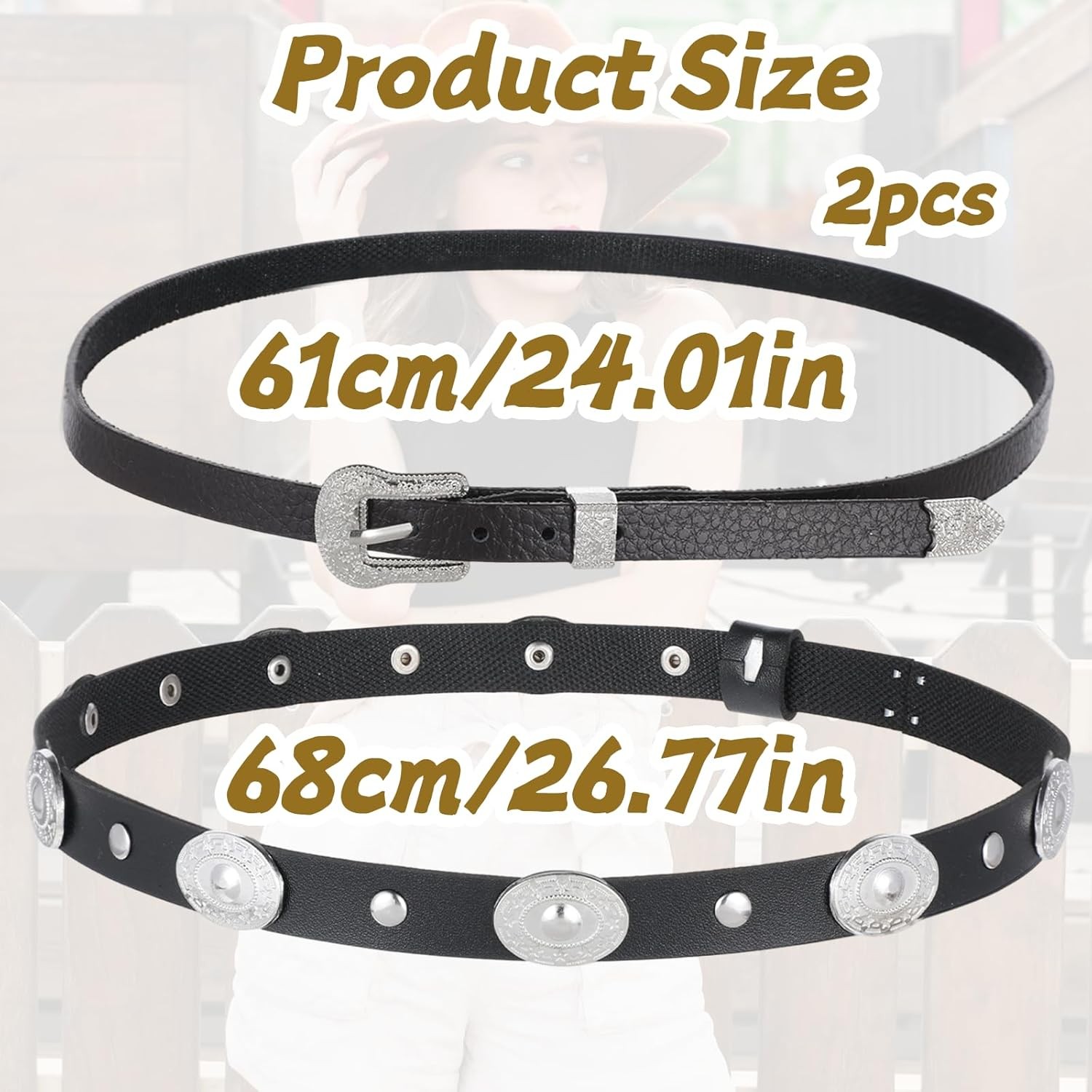 2PCS Black Cowboy Hat Bands for Men, Adjustable Western Hat Bands for Cowboy Hat