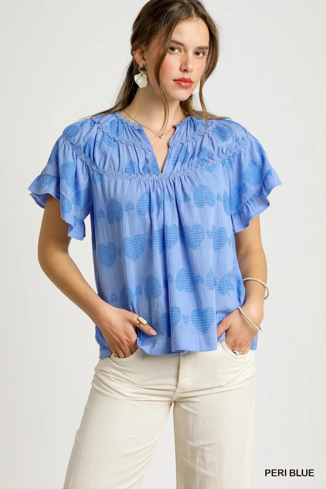 Peri Blue Umgee Heart Texture Design Flutter Sleeve Blouse Top Scalloped Yoke