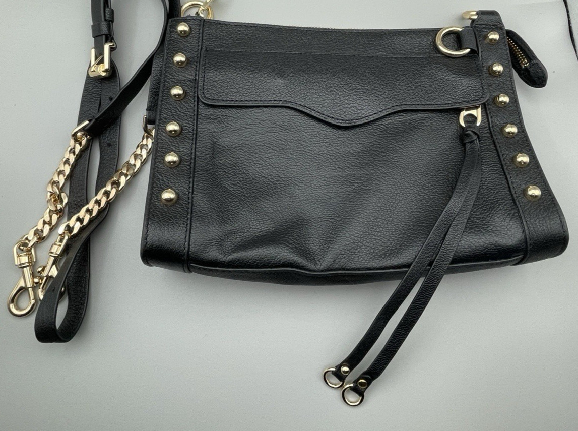Rebecca Minkoff Women’s M.A.B. Crossbody Gold Studs Pebbled Black Leather Purse