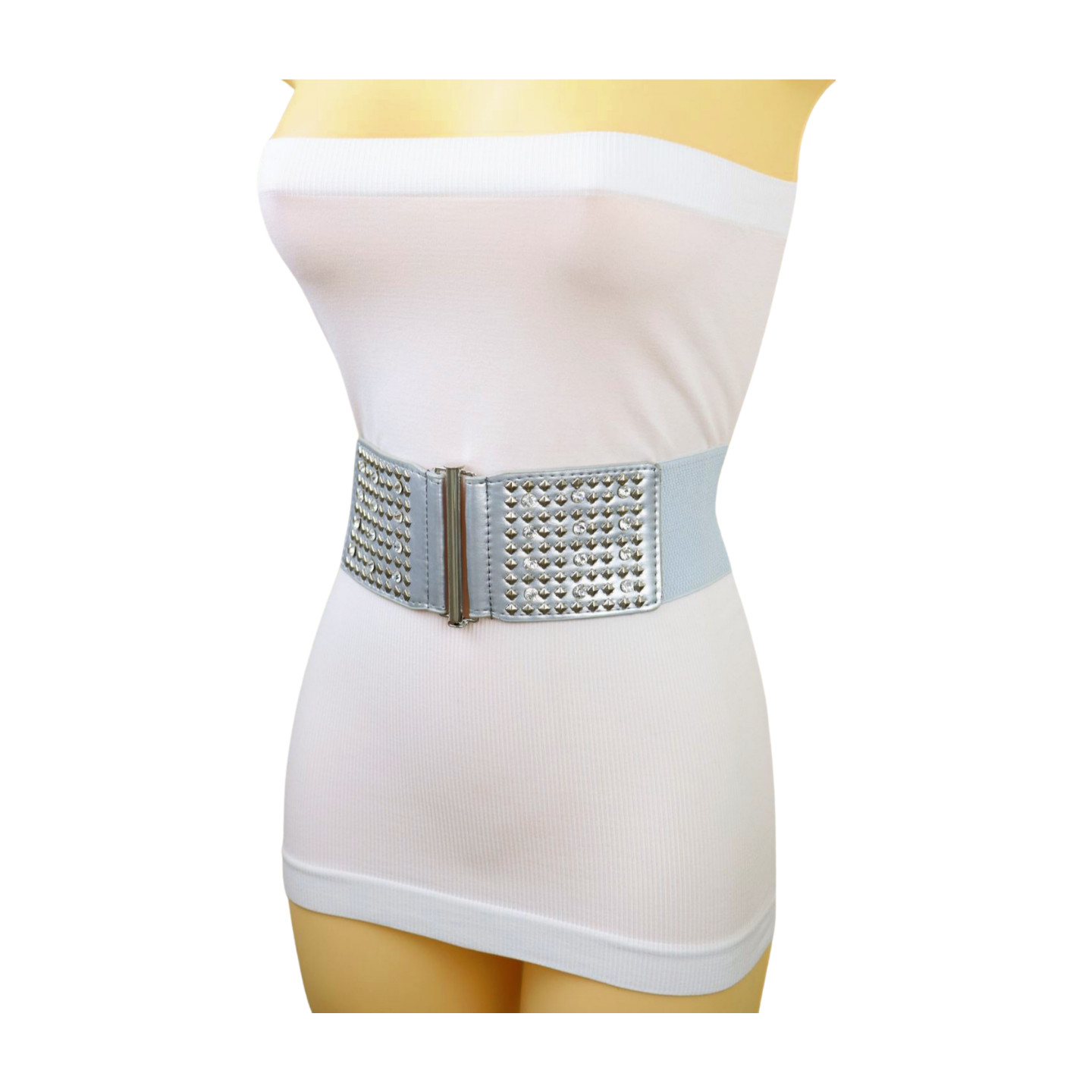 Women Silver Elastic Wide Waistband Fashion Teen Style Belt Metal Studs Fit S M
