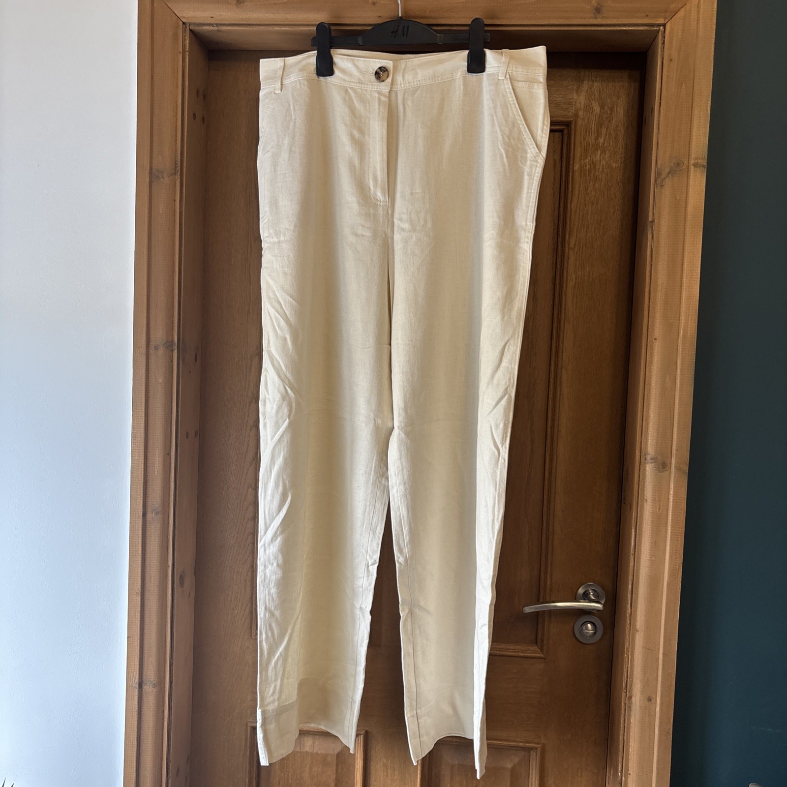 BNWOT Marks & Spencer Beige Linen Mix Wide-Leg tailored Trousers Size 16 Long