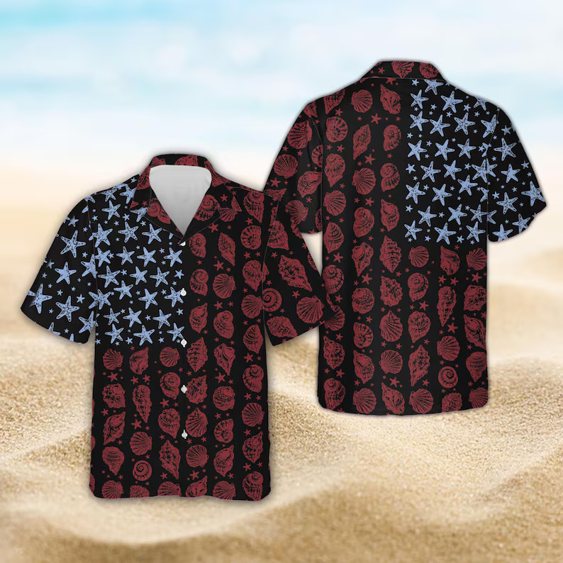 Patriotic American Flag Hawaiian Shirt, Starfish And Seashell USA Flag Aloha #1