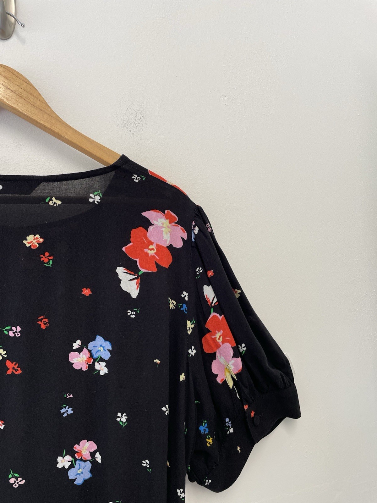 M&S Floral Print Midi Dress Size 24 Black Multi Tiered Button Detail Belted
