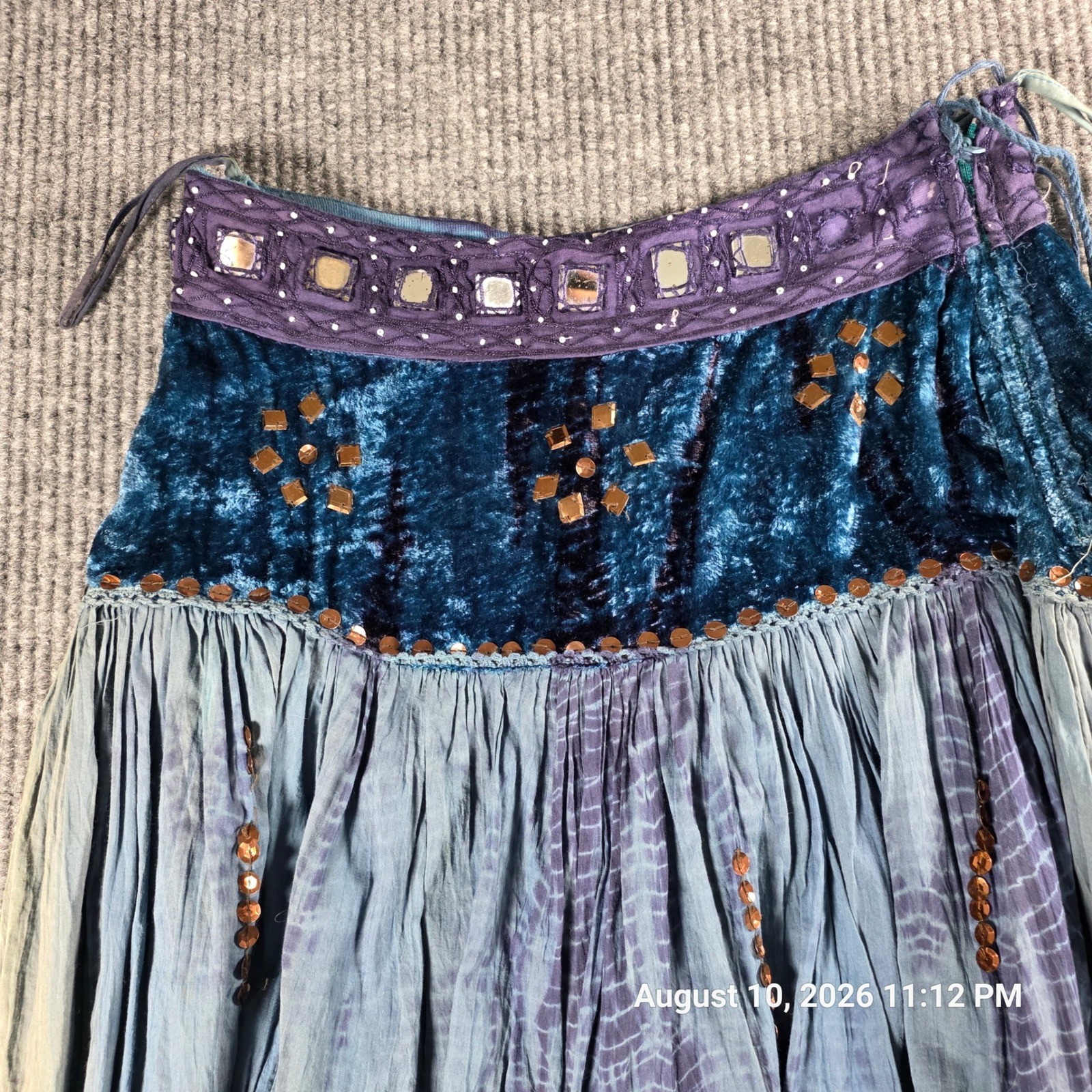 Karan Boho Velvet Tie Dye Maxi Skirt Blue Purple Mirror Sequin Embellished S