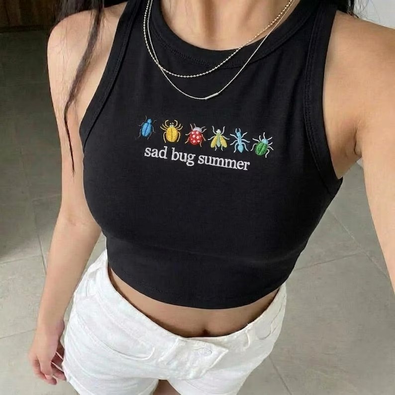 Sad Bug Summer Embroidered Tank Top Trendy Weirdcore Graphic Crop Top