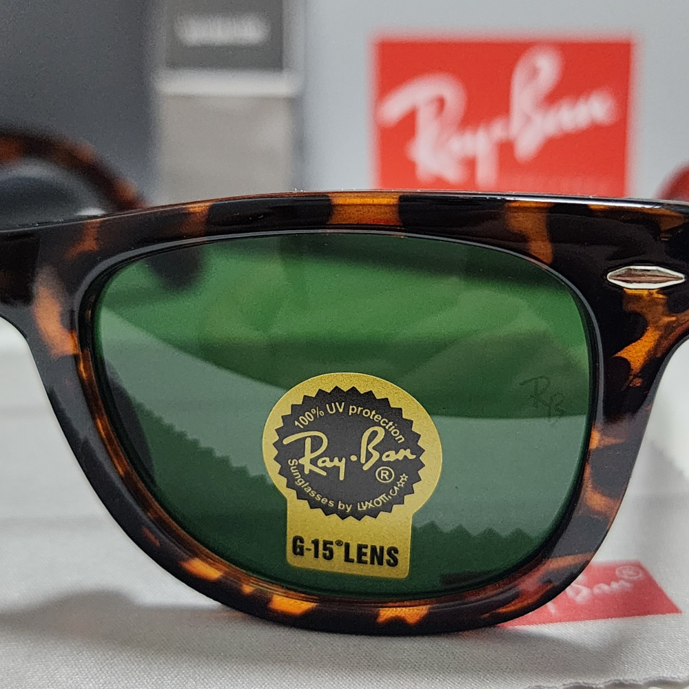 Ray-Ban RB2140-F Wayfarer Sunglasses Tortoise Frame Glass Green Lens 50-22 mm