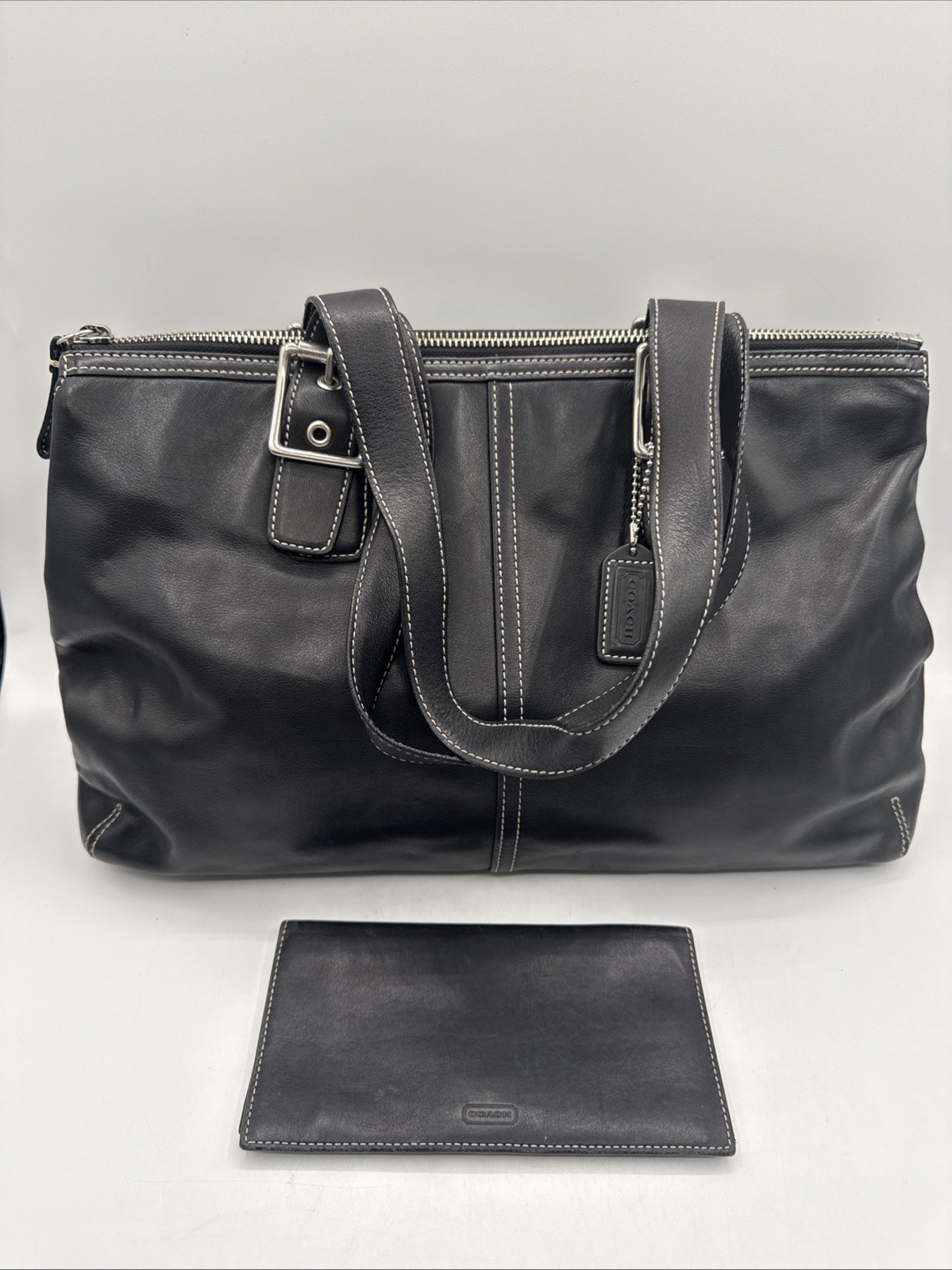 Vintage Coach Hampton 9554 Black Leather Tote Satchel Purse Buckles W/check Book