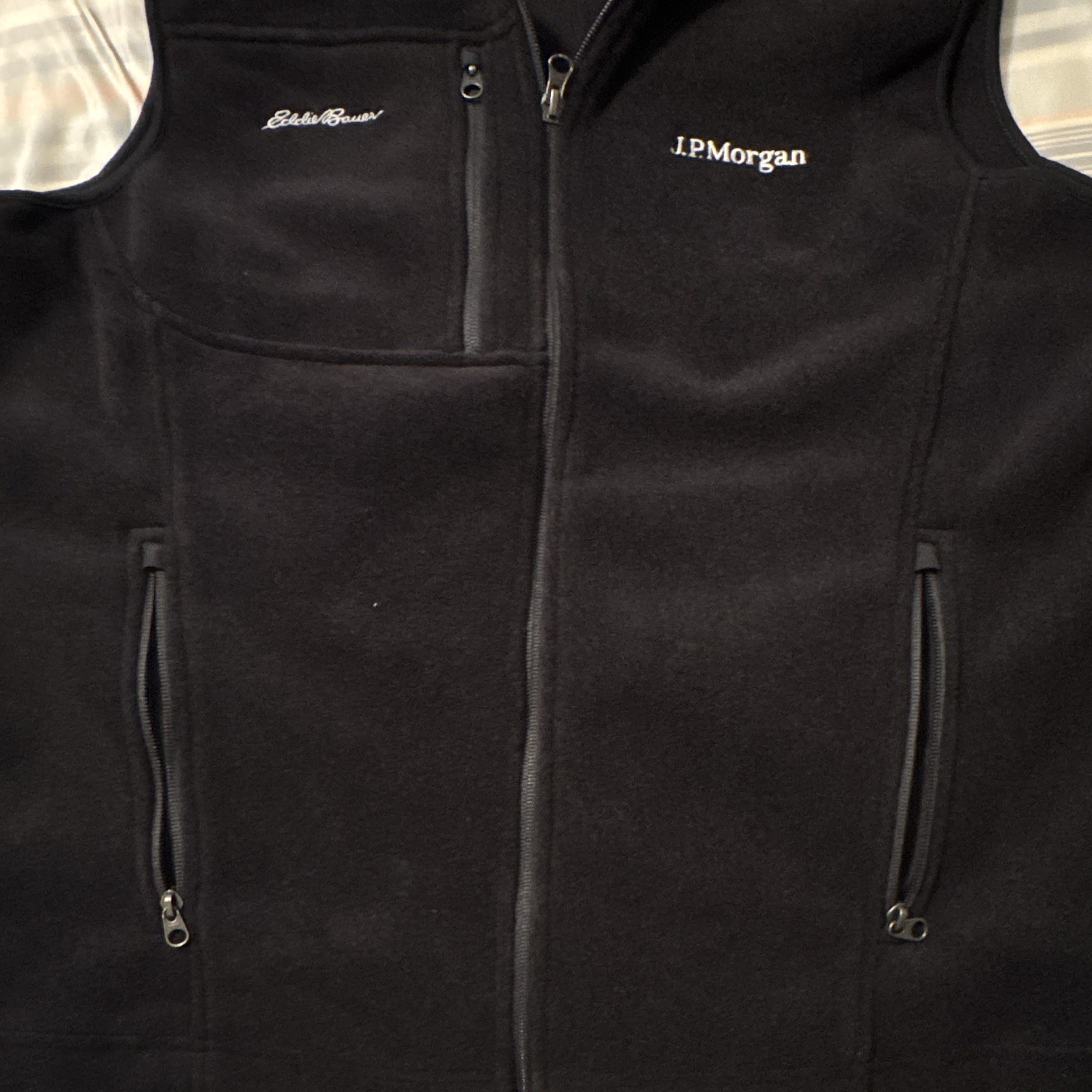 Eddie Bauer Men’s Black Fleece Full Zip Vest L J.P. Morgan Embroidered Logo