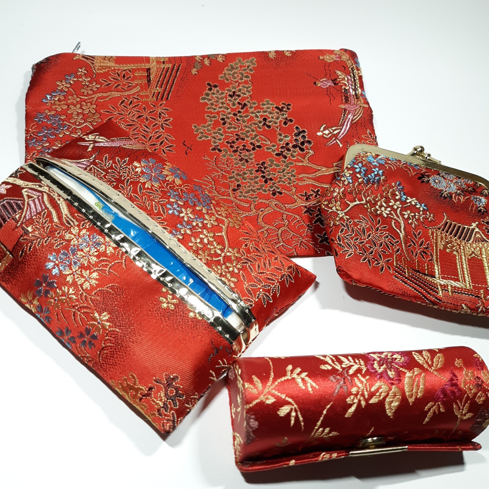 VINTAGE COSMETIC PURSE ACCESSORY SET RED SILK ORIENTAL PRINT + Lipstick Holder