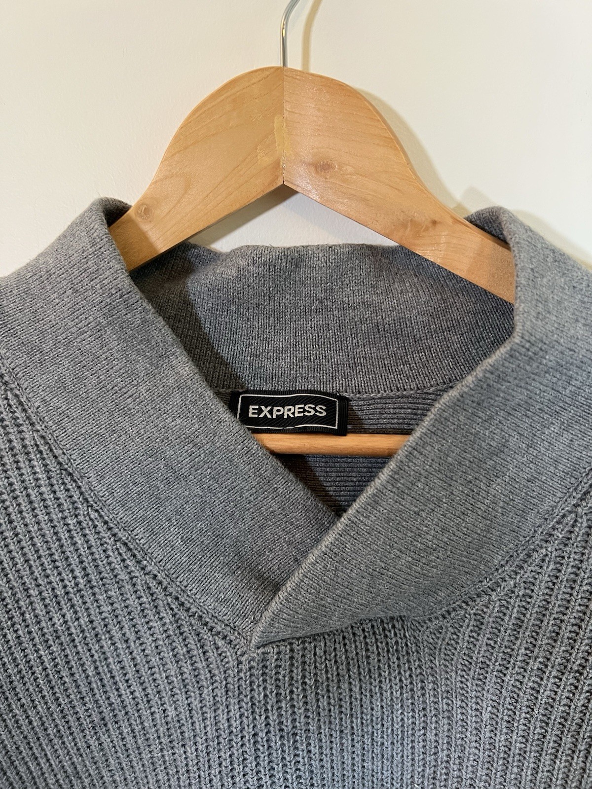 Express Mens Gray Shawl Collar Sweater 100% Cotton Ribbed Knit Pullover
