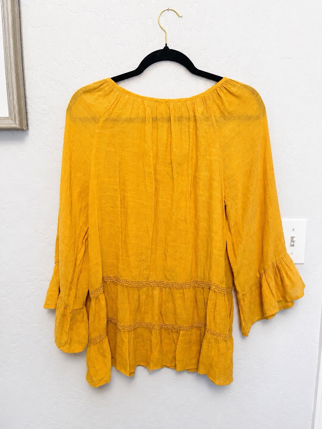 Spense Women’s L Yellow Solid Peasant Blouse Scoop Neck 3/4 Bell Sleeve Tie