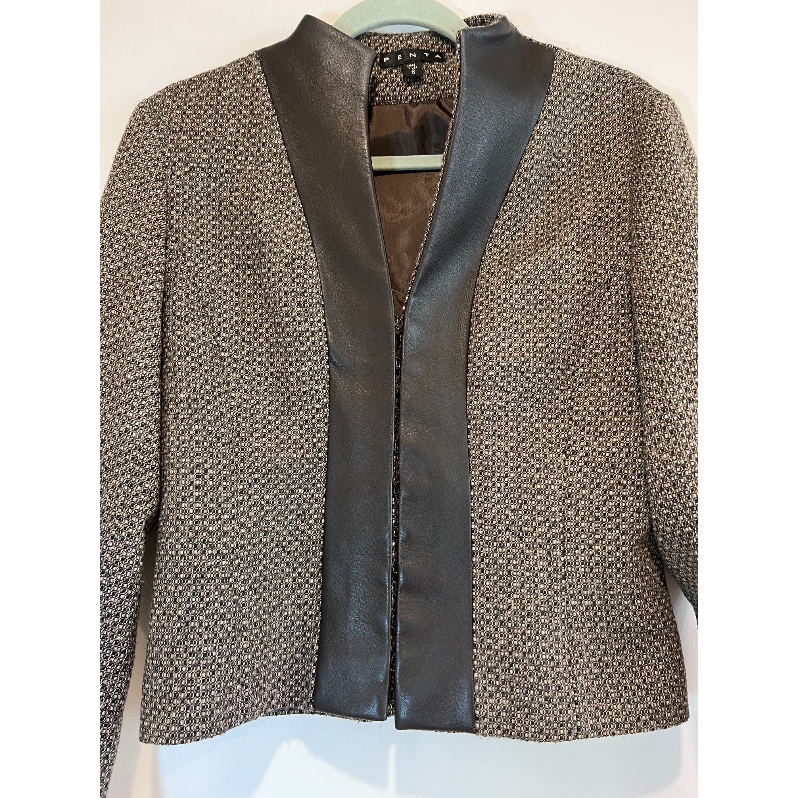 PENTA 100% Wool Tweed Jacket Women’s 6 Genuine Leather Trim Open Front Blazer