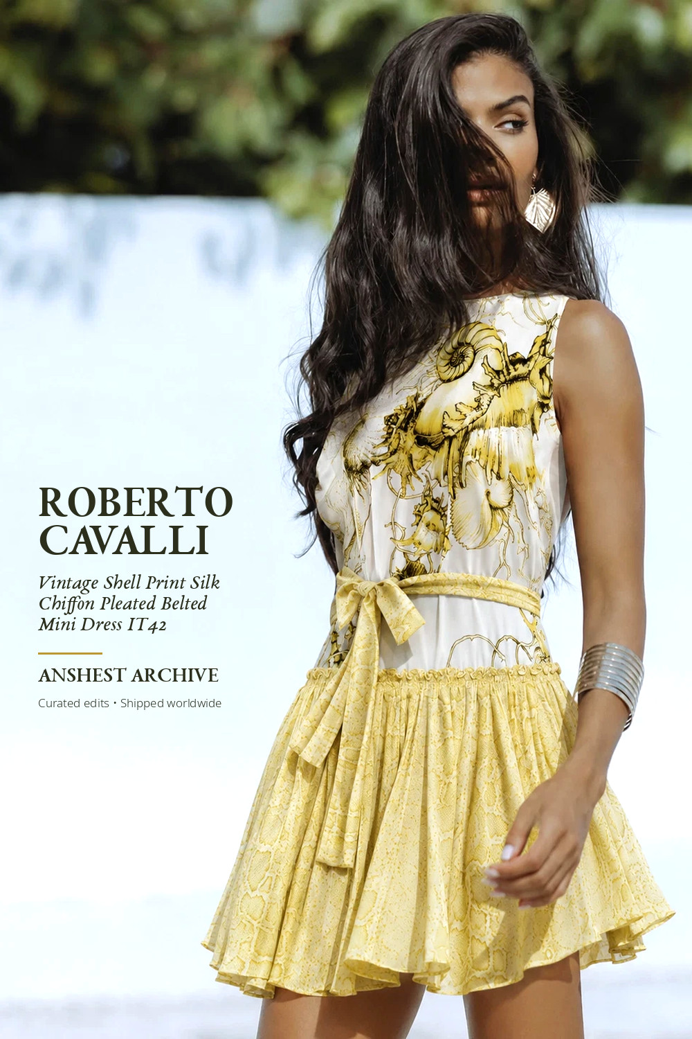 Roberto Cavalli Vintage Shell Print Silk Chiffon Pleated Belted Mini Dress IT42