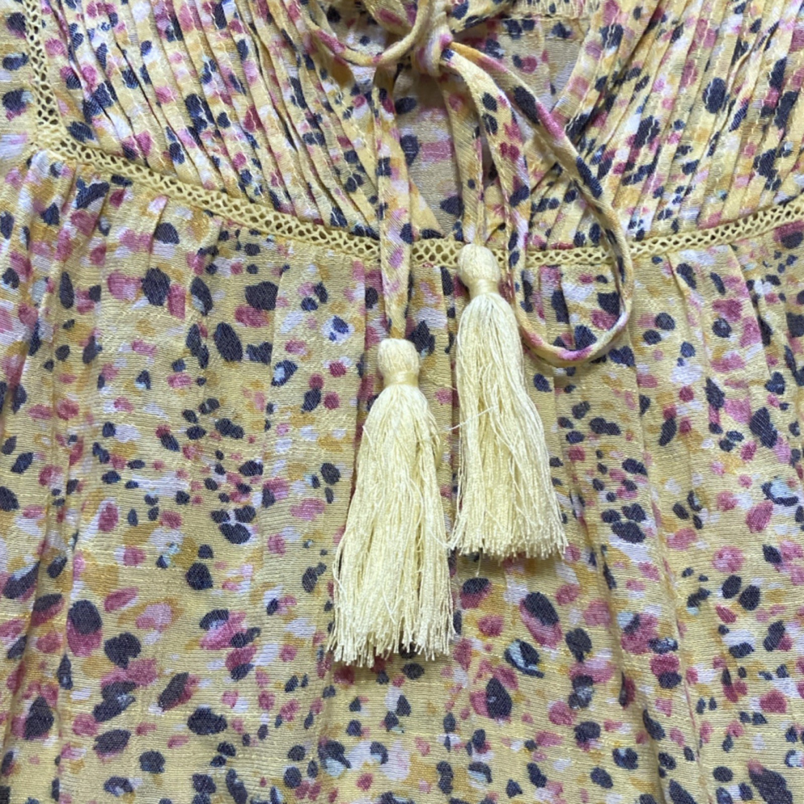 Zac & Rachel S Yellow Pink Print Pleated Tasseled Tie V Neck Blouse