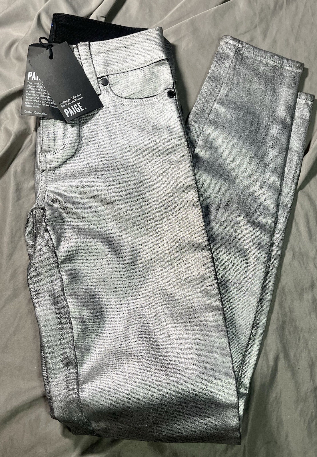 Paige Denim Coated Ultra Skinny Verduo Ankle Wmns Size 23 Silver Galaxy NWT