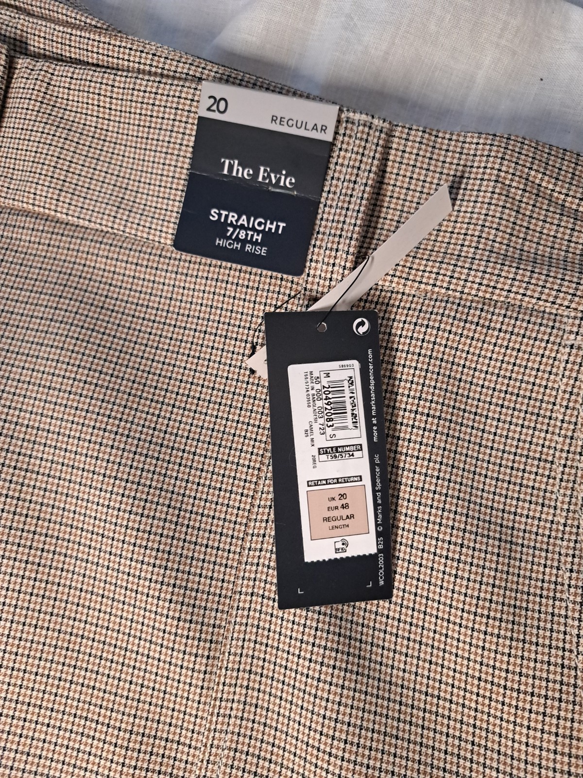 M&S Retro 40s 50’s style Straight High Rise 7/8 check Women’s Trousers UK 20