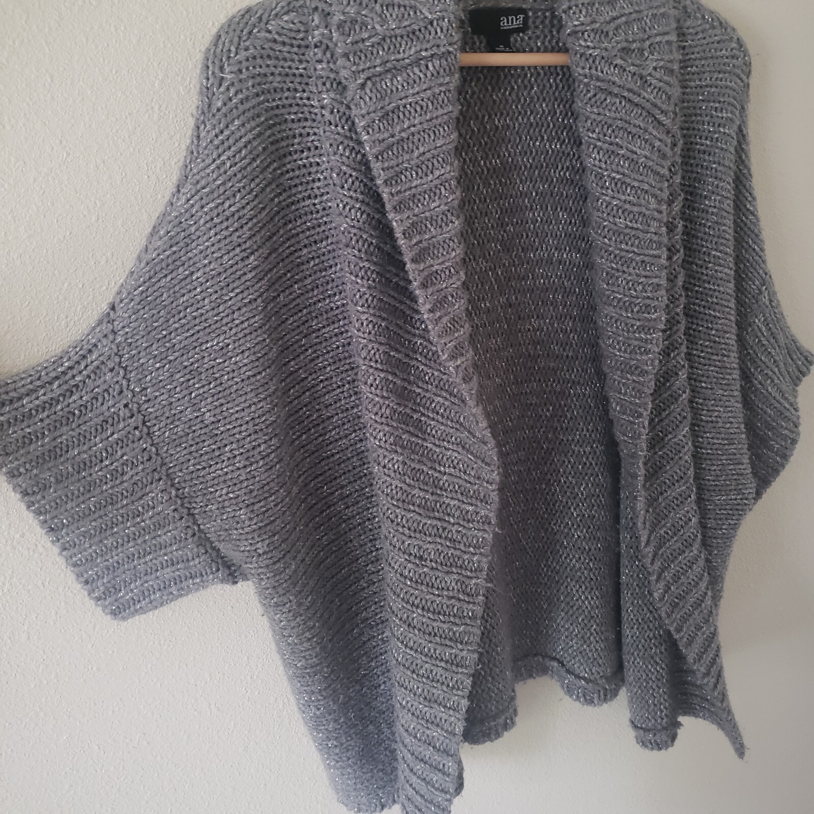 A.N.A Silver Gray Open Front Cardigan Sweater Medium Chunky Knit Metallic Accent