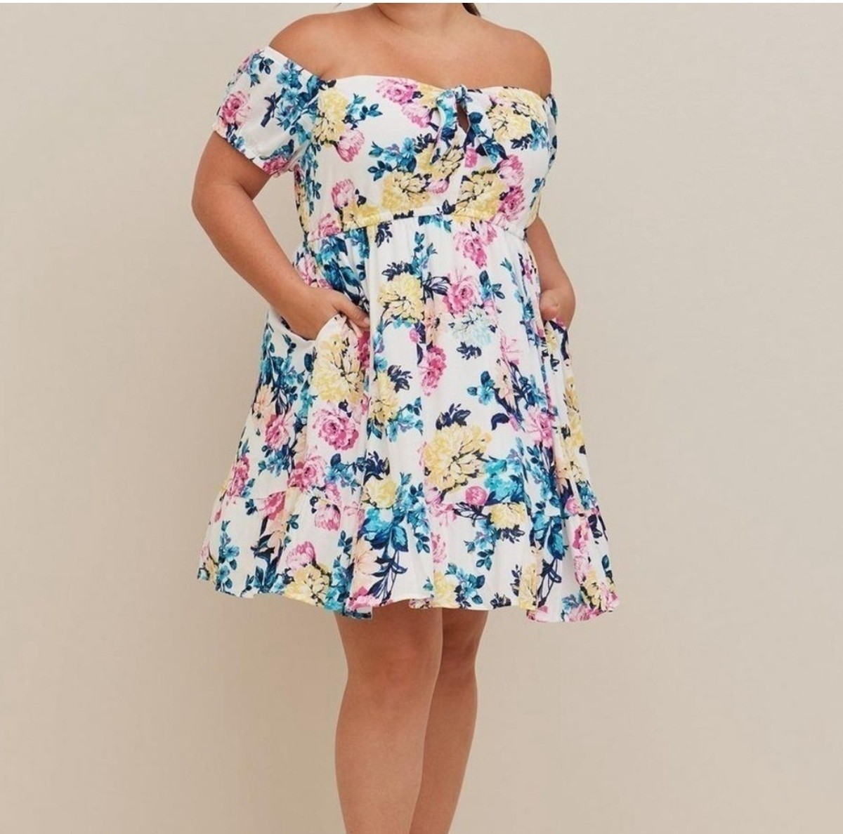 Torrid 00 White Multi Floral Mini Gauze Puff Sleeve Skater Dress NWT
