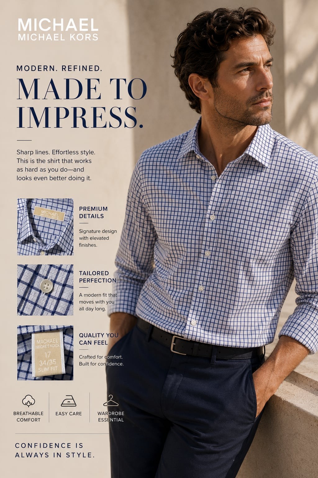 Michael Kors Men’s Slim Fit Plaid Long Sleeve Dress Shirt