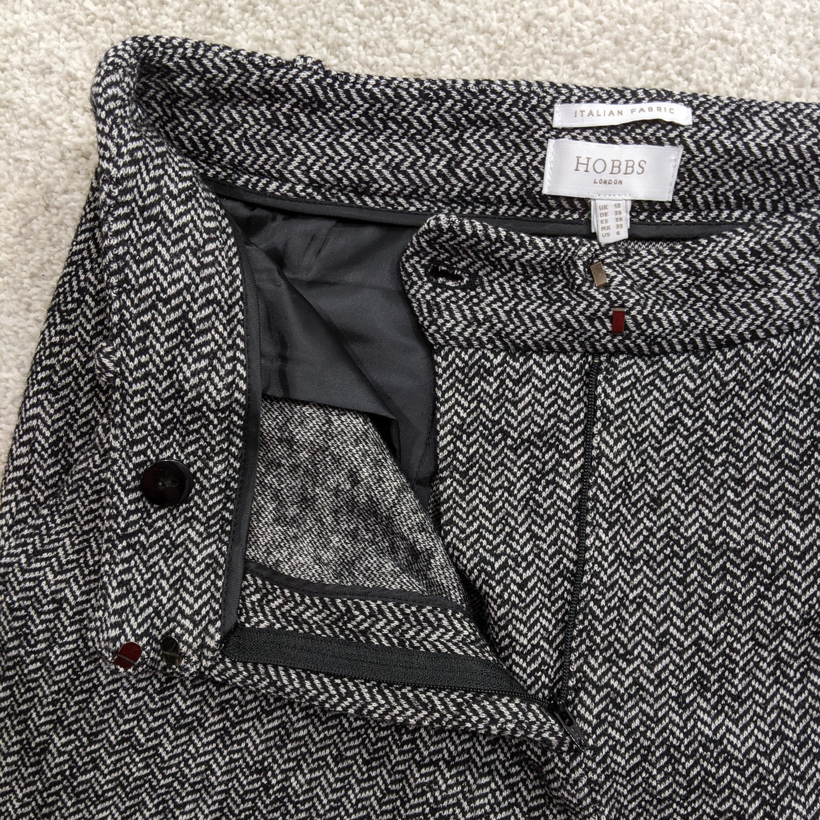 Hobbs London Italian Fabric Wool Blend Herringbone Trousers UK 10 Grey Wide Leg