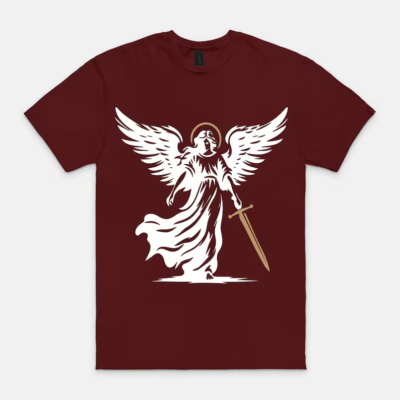 Archangel Michael Warrior T-Shirt | Angel Christian Black Gold Line Art Faith Te