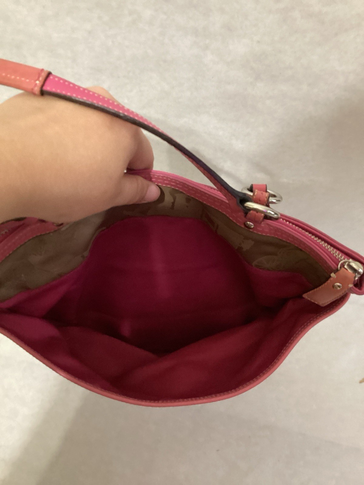 Coach Horse & Carriage Script Sateen Tote Bag Champagne/Pink Trim F14482 As-Is