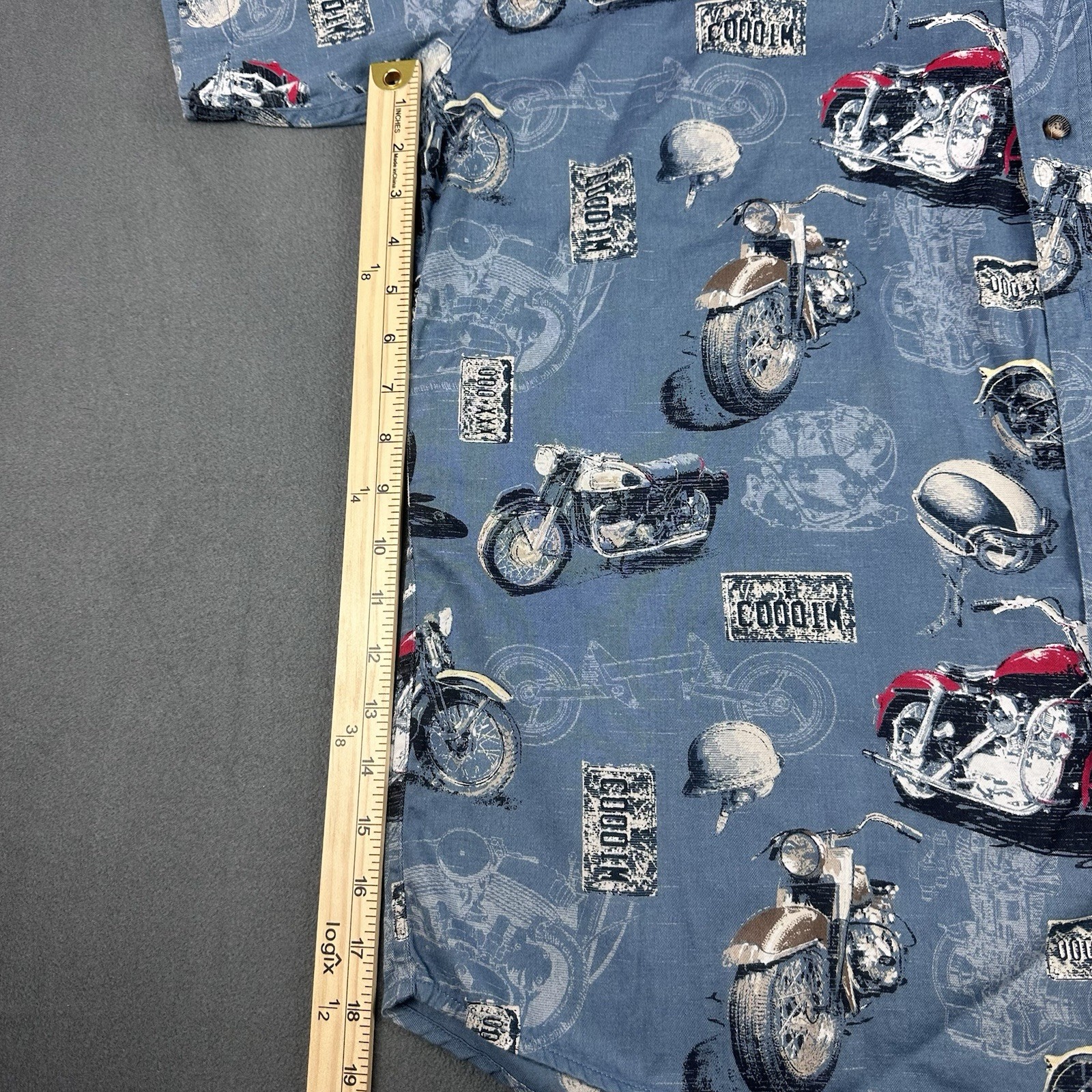 Redhead Motorcycle Camp Shirt Slate Blue Novelty Print Cotton Preowned