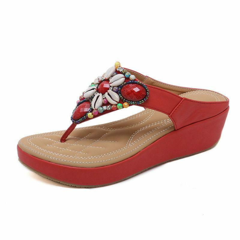 Ethnic Womens Bohemia Sandals Walking Flip Flops Fitness Beads Beach Thongs Size