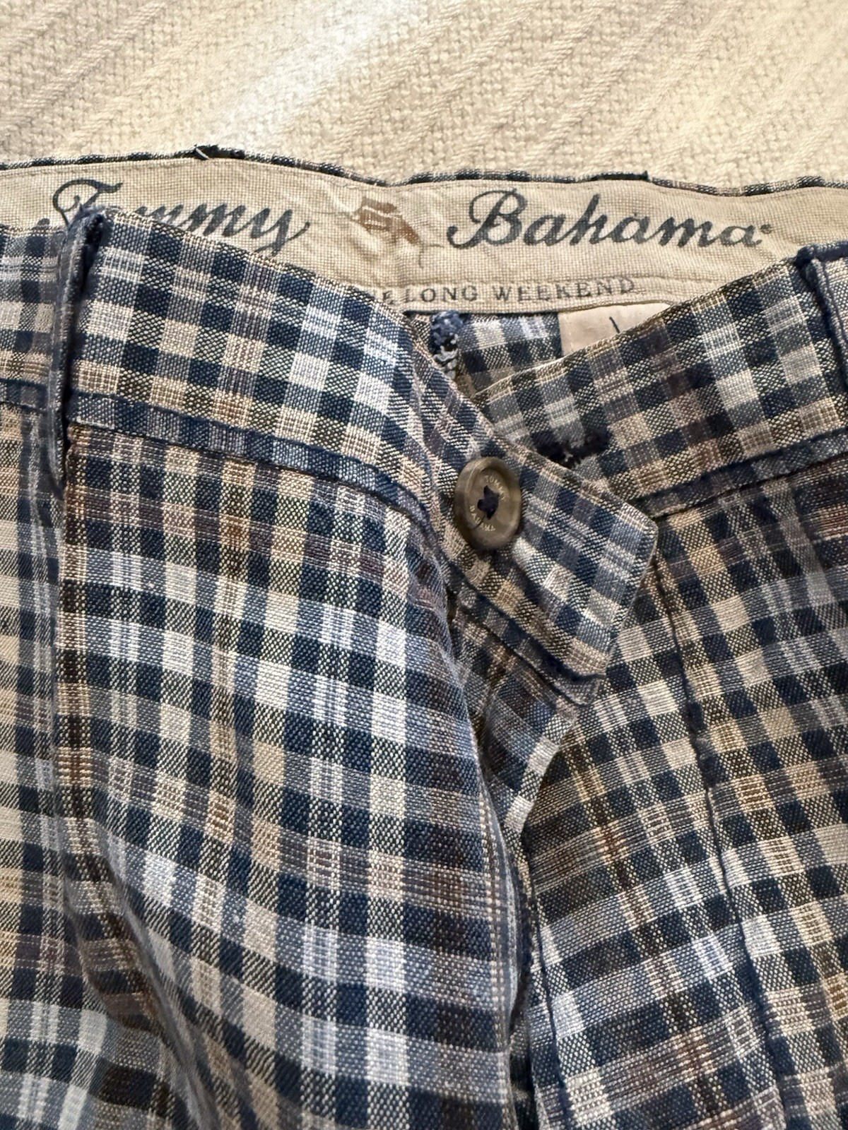 Tommy Bahama Long Weekend Plaid Chino Shorts Blue/Beige Linen Lyocell 10in