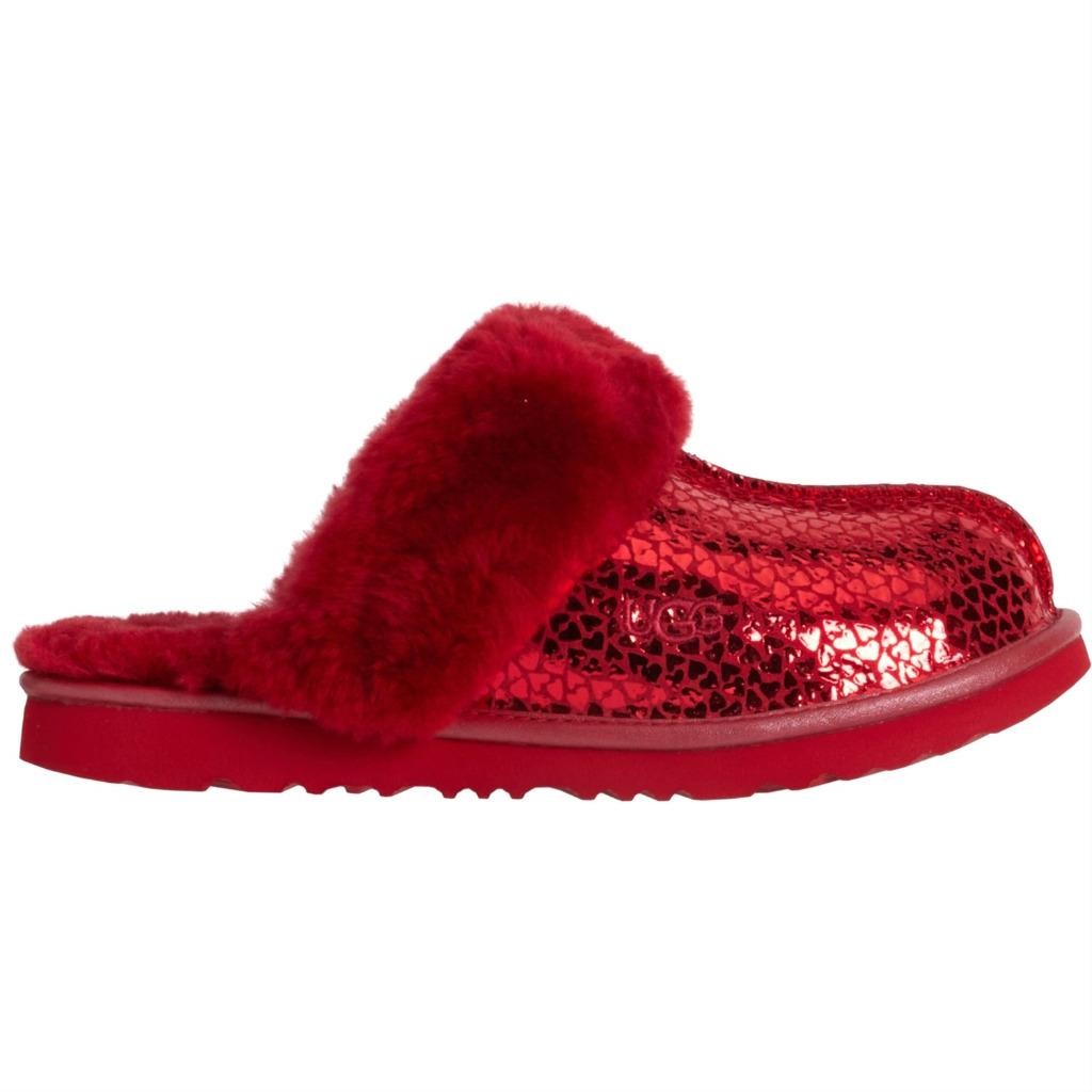 New NIB Ugg Cozy II Gel Hearts Red Shearling Sheepskin Slipper Slides Girl Women
