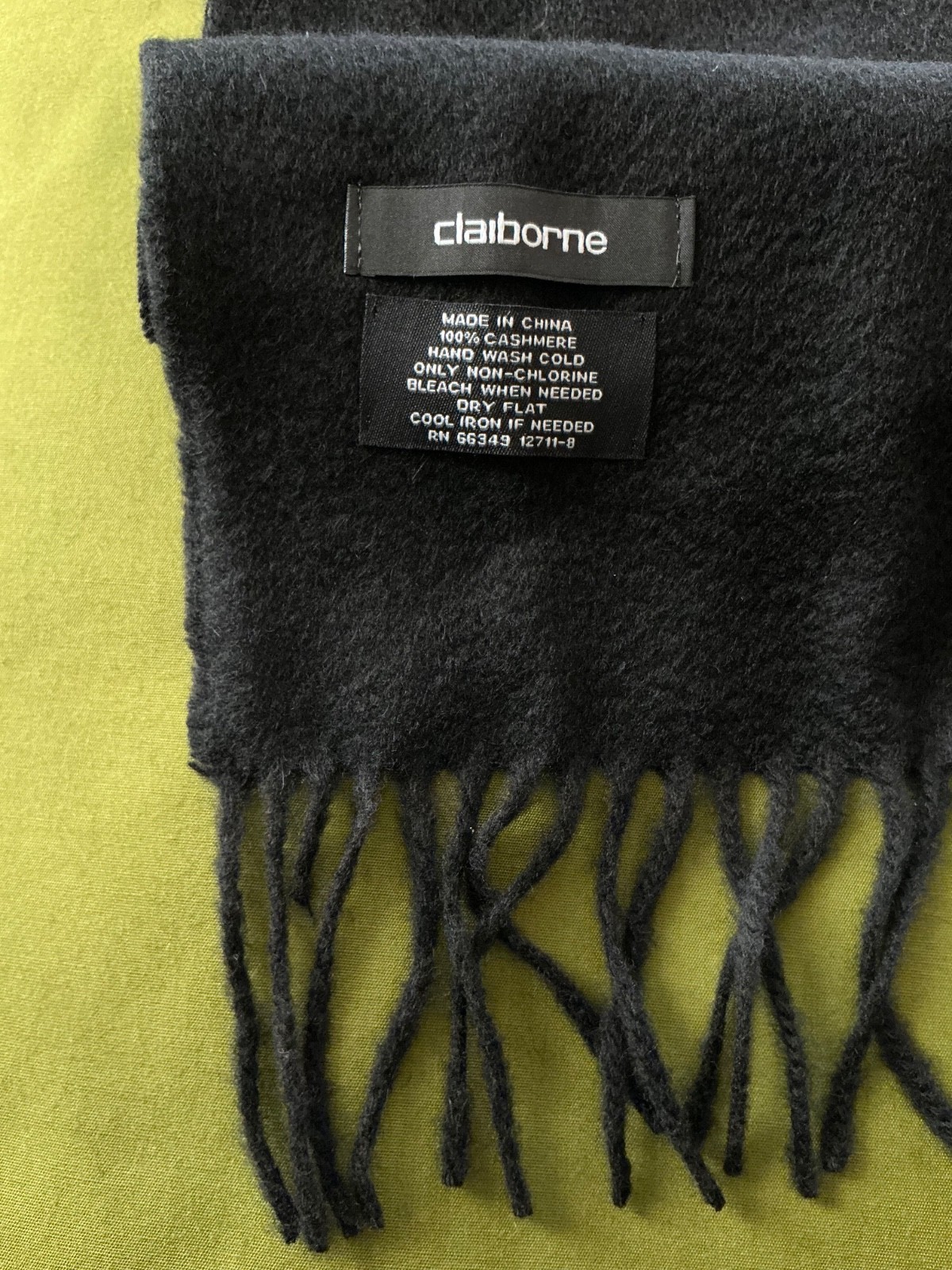 NEW Claiborne Rectangular Fringed Cashmere Scarf Black 66/11.5 in