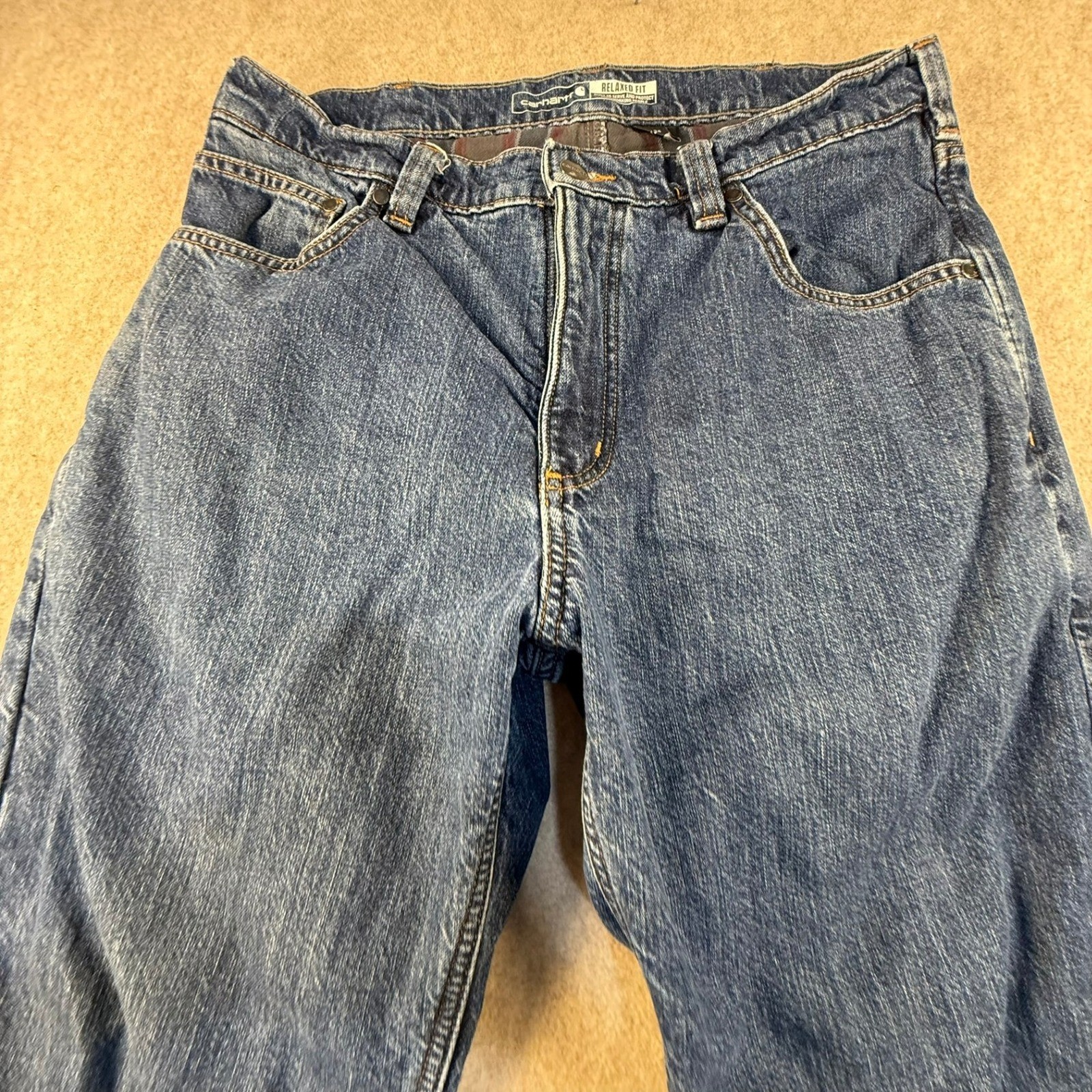 Carhartt Mens Relaxed Fit Flannel Lined Jeans Blue Denim Straight Leg 34×34