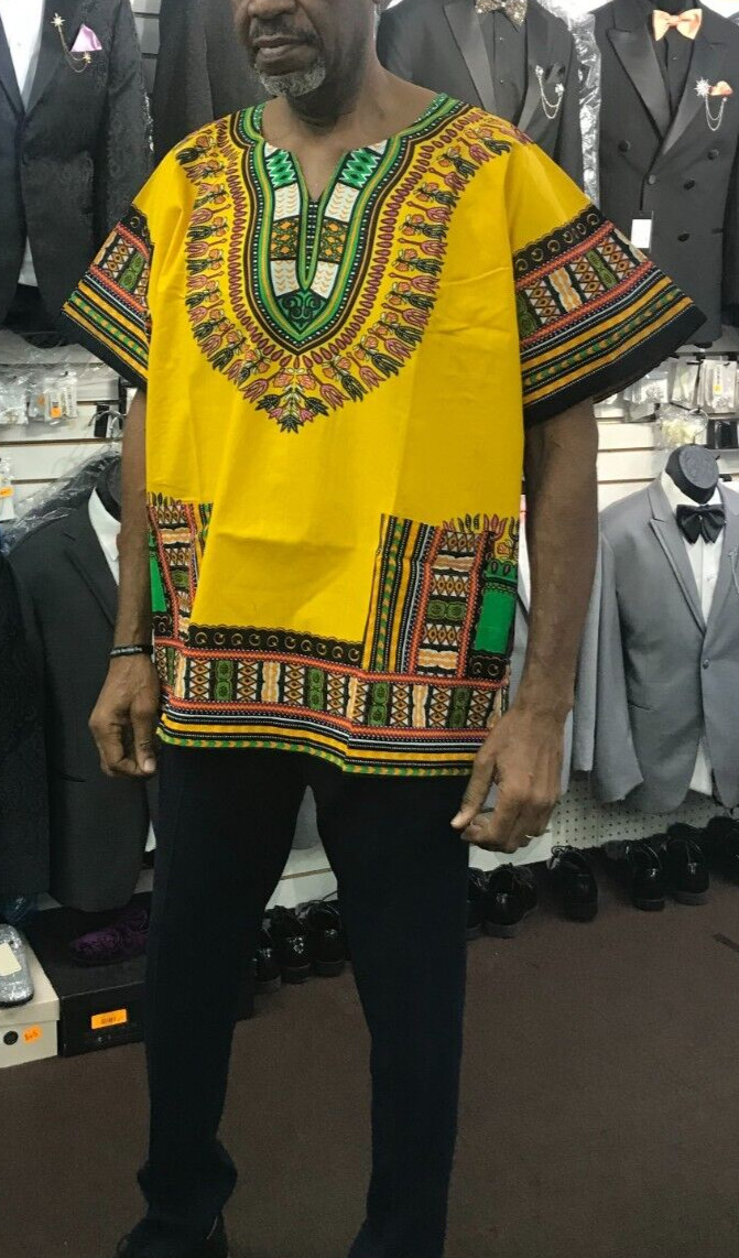 New Men African Yellow Dashiki 4XL, Chest up to 64 inches and Length 37″