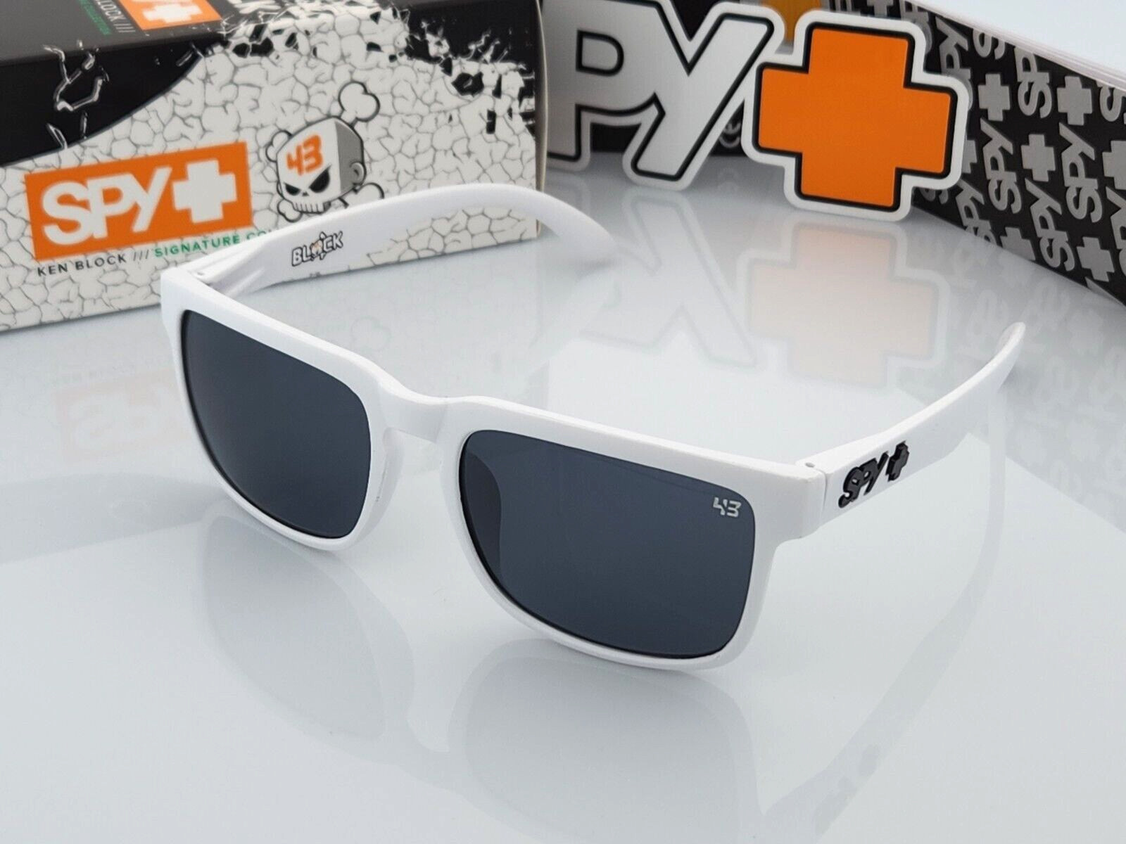 NEW Spy+Optic Helm Sunglasses Matte White Dark Smoke Tint Lens Black Logo