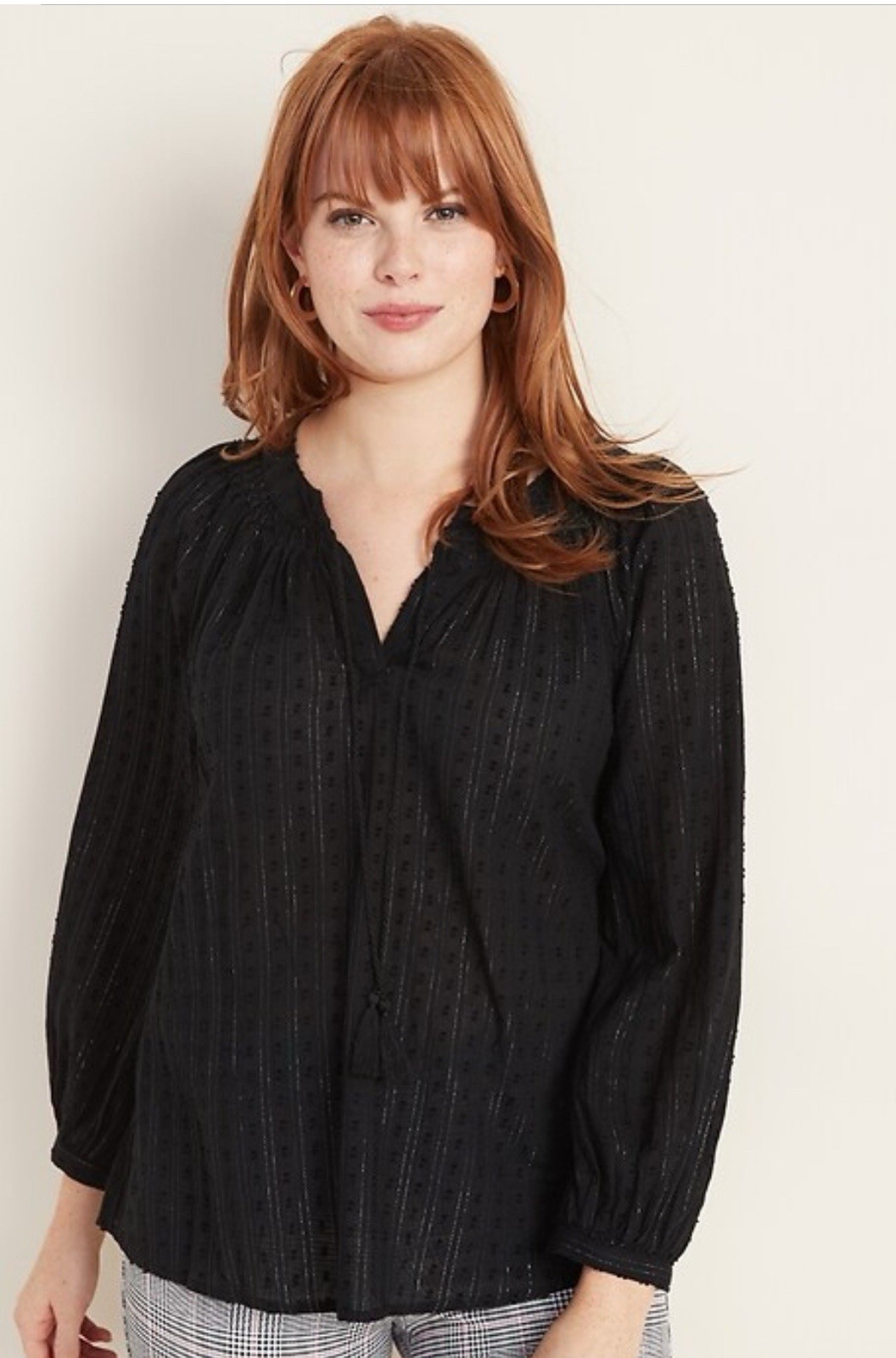 Old Navy Black Bohemian Tie-Neck Boho Blouse Womens L Silver Thread Button Cuff
