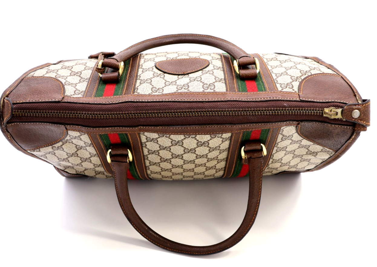 GUCCI VINTAGE Web Stripe Handbag Boston GG Supreme Classic Brown Rare Authentic