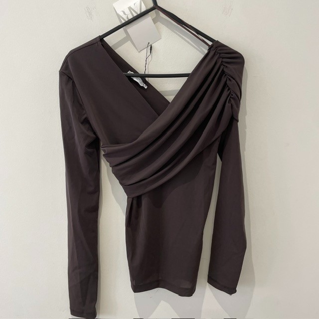 Zara Exposed Shoulder Brown Top Size S Semi Sheer Draped New Tags