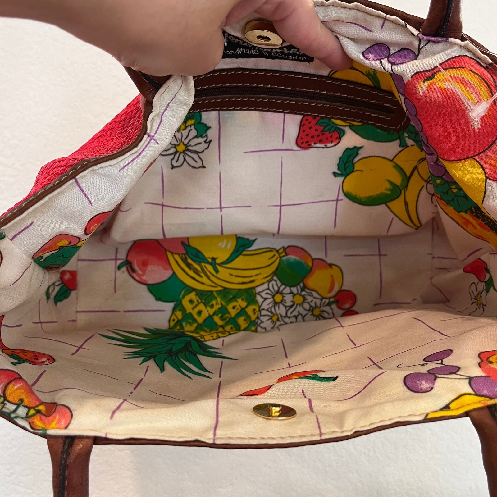 Vero Santes Fruit pineapple red woven straw handmade Ecuador purse tote bag