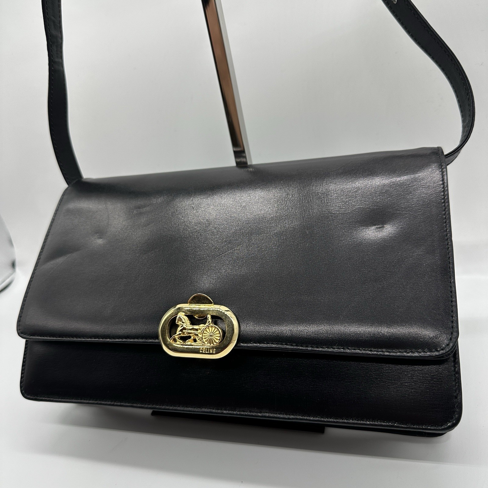Celine Shoulder Bag Horse Carriage Vintage Black Gold Leather Purse Authentic!!