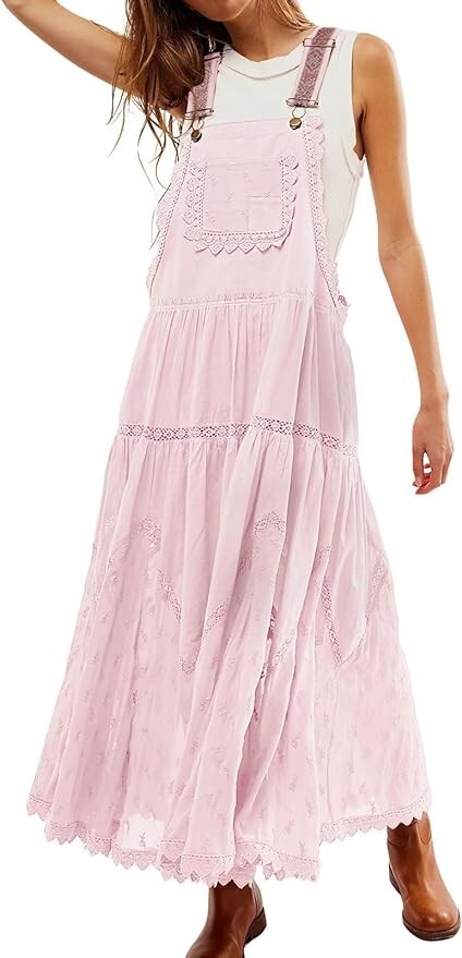 Women’s Laced Embroidered Tulle Bib Dress Casual Loose Adjustable Straps Maxi
