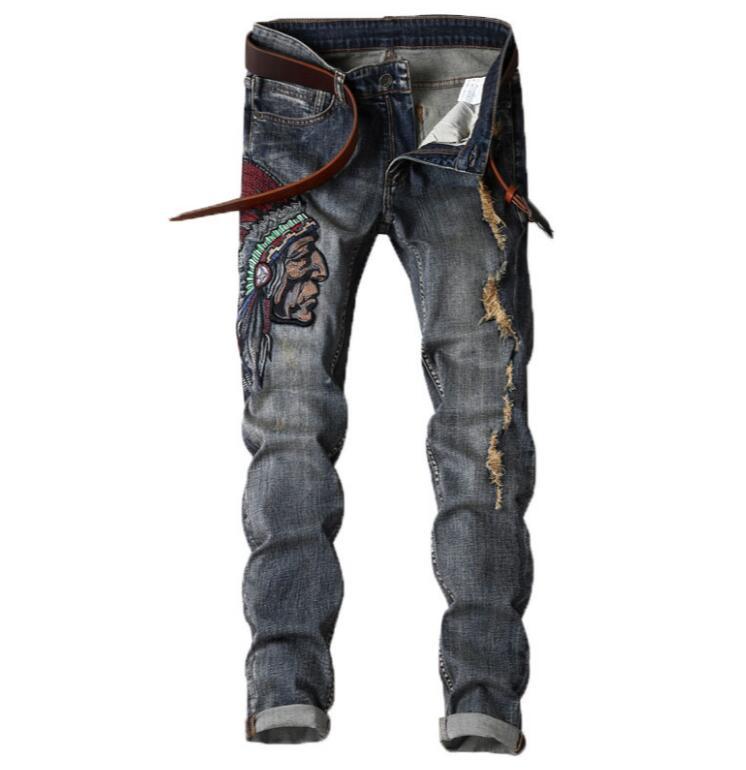 Men’s Blue Denim Hip Hop Ripped Retro Embroidered Trousers Casual Pants Punk