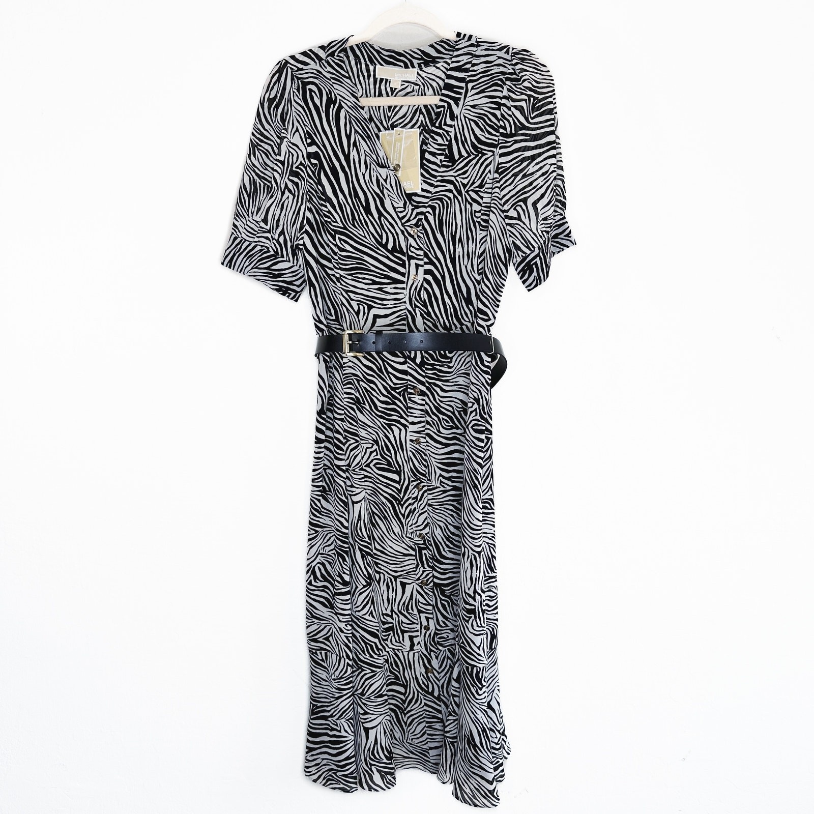 NWT Michael Kors Zebra Print Georgette Belted Puff Sleeve Midi Shirt Dress Med