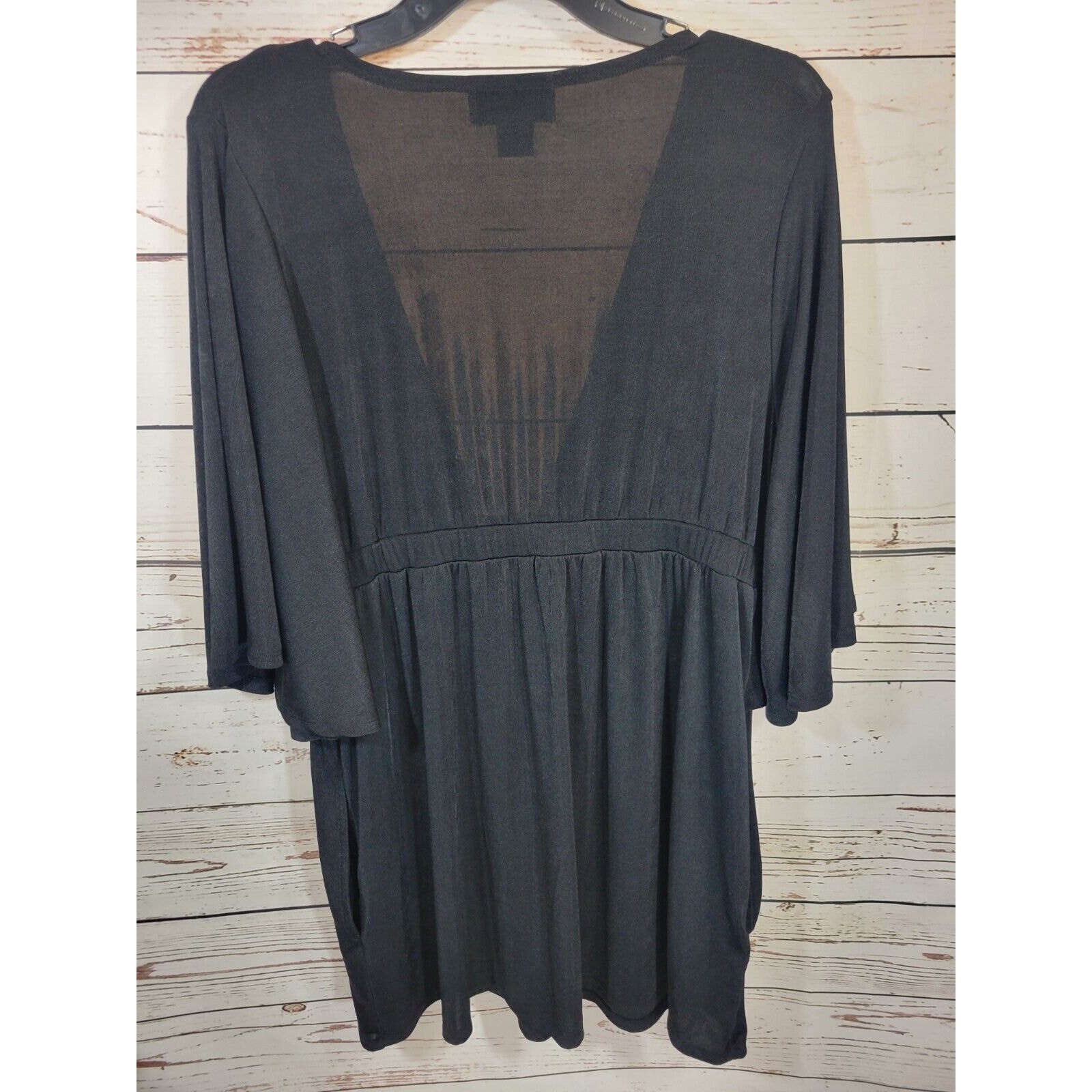 J. Valdi batwing Sleeve Tunic Top Black Slinky Plunge V-Neck Sheer 3/4 Sz Large