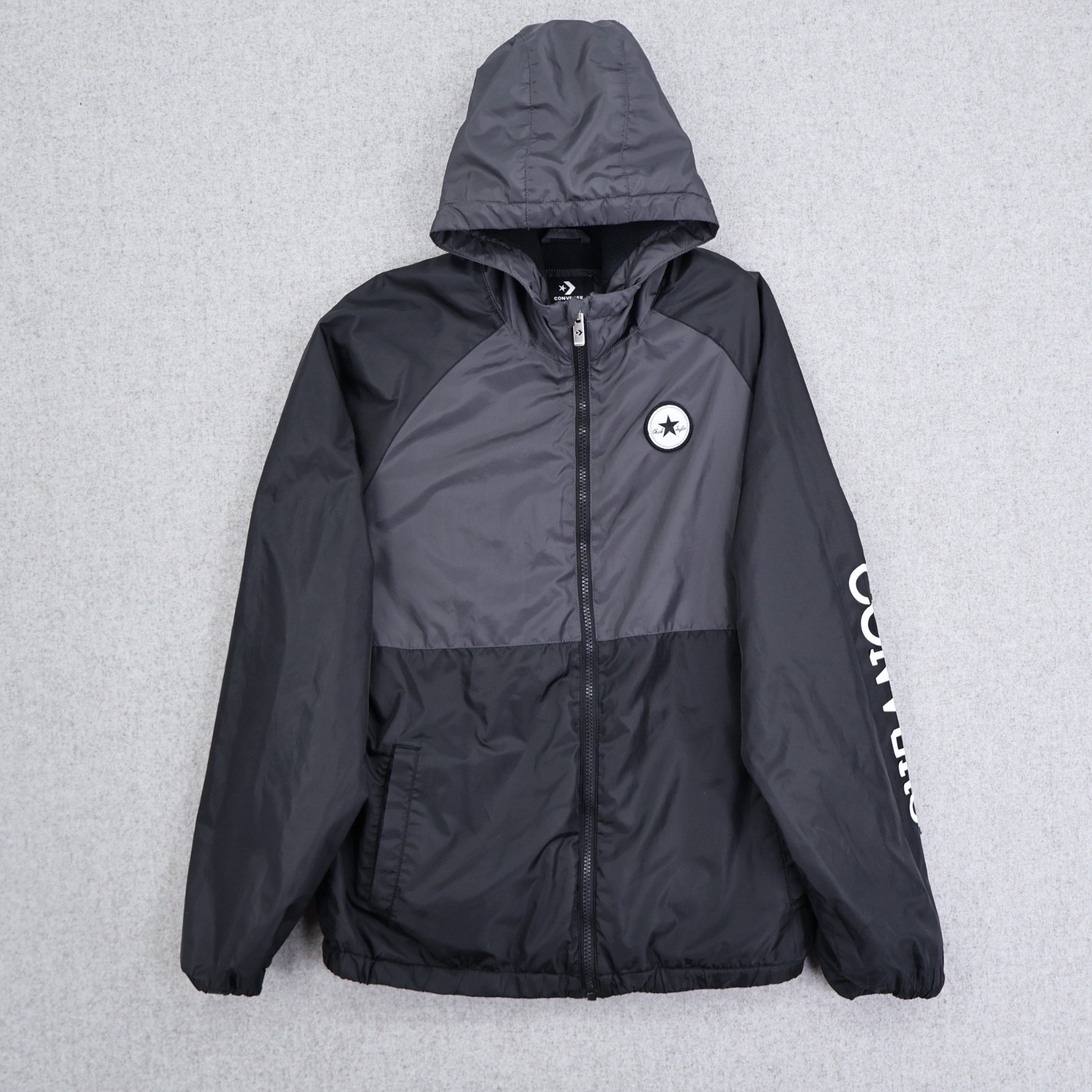 Converse Youth XL Hooded Windbreaker Jacket Gray Black Full Zip Boys 13-15